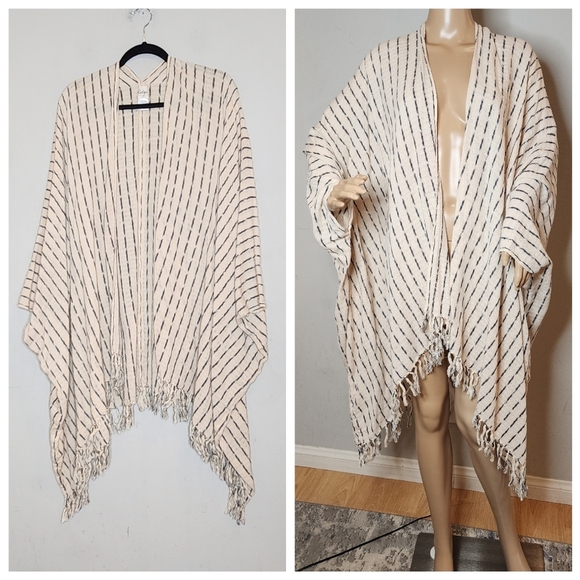 Ketza Guatemala Cotton Woven Cream Stripe Open Front Fringe Kimono One Size - Picture 1 of 16